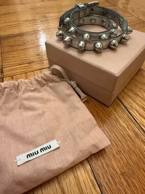 Miu Miu Gray Leather Double Wrap Bracelet with Silver Cone Studs